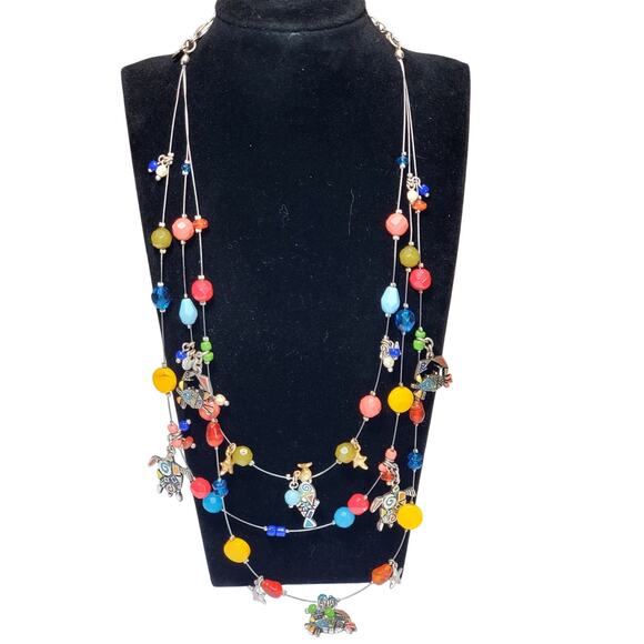 Chicos Triple Strand Bead Dangle Charm Necklace Turtle Crab Fish Beachy Surf 16" - Picture 1 of 5